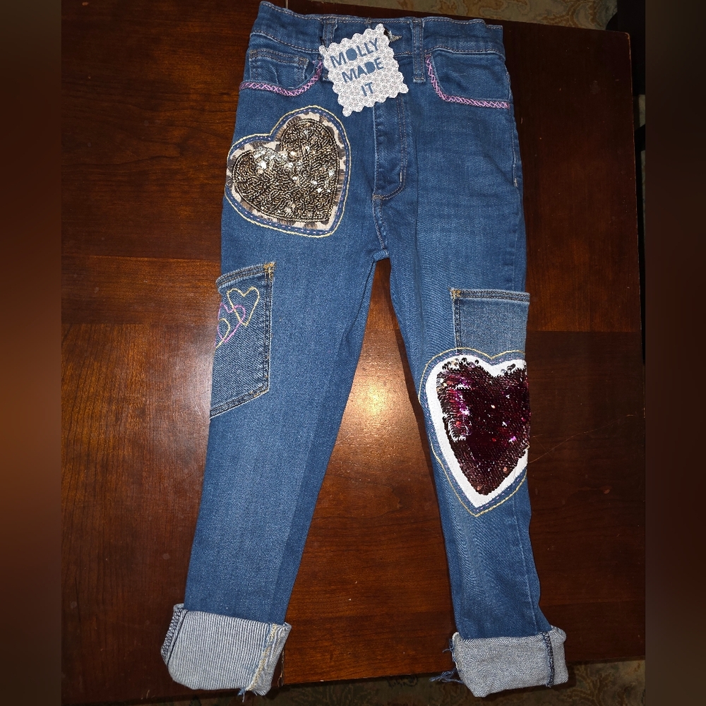 HAND CRAFTED  Girls Jeans UPCYCLED Denim Red Gold Hearts  Shimmer Embroidery 5